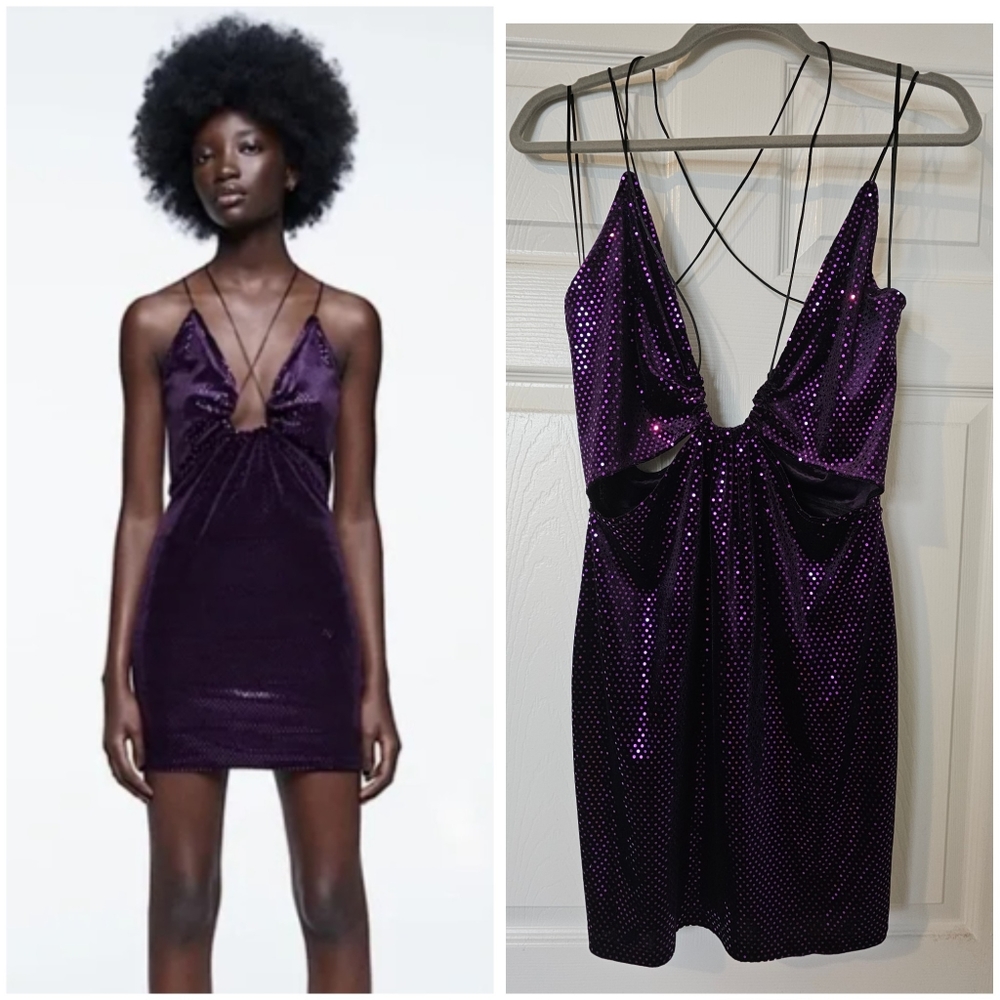 ZARA Sequin ‘Festive Days’ Strappy Cut Out Mini Dress size Large